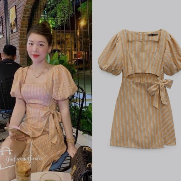 - Zara linen blend striped min dress with peek a boo midriff. In EUC. - Picture 1 of 6